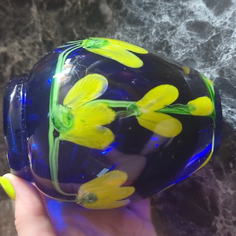 Cobalt Blue Yellow Flowery Art Vase Vintage